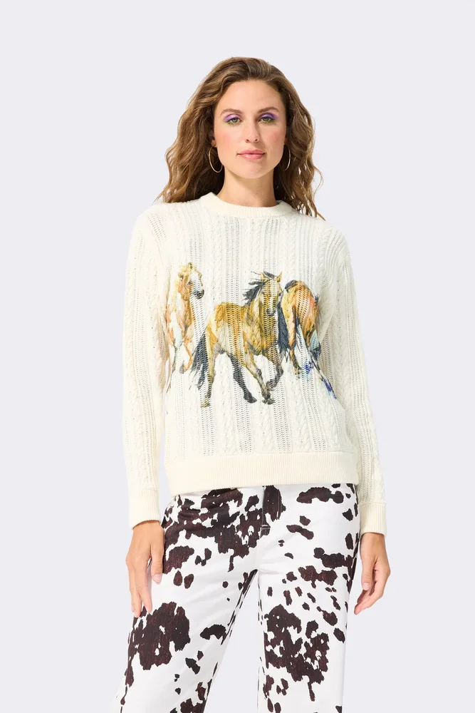 Printed Cable Knit Sweater in Running Horses