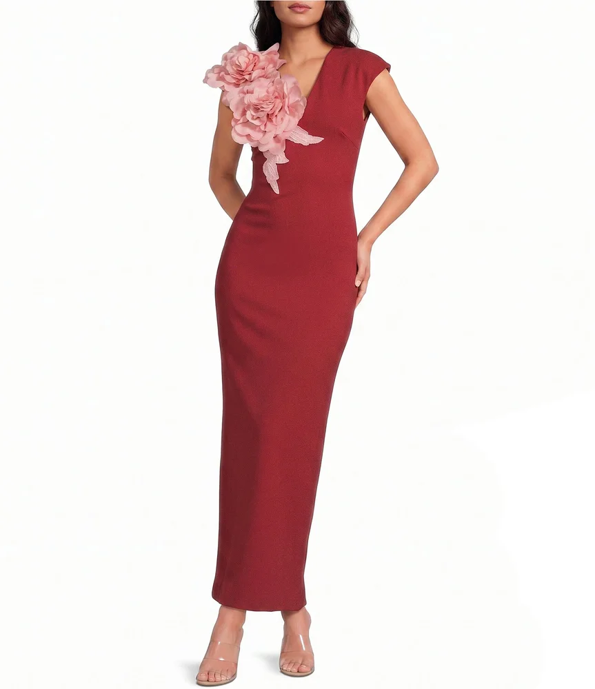 Zahara Plunge V-Neck Cap Sleeve 3D Floral Gown