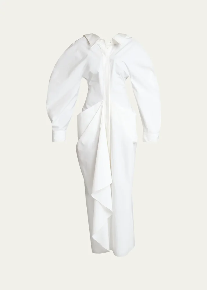 Slashed Draped Cotton Poplin Maxi Shirtdress