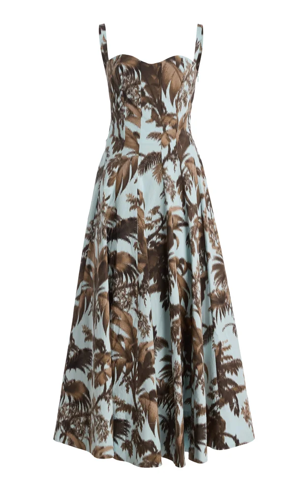 Palm-Printed Stretch Cotton-Poplin Midi Dress