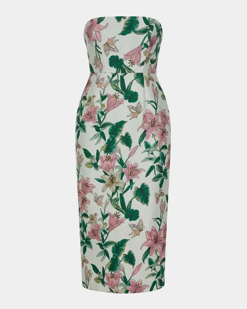 Petite Strapless Floral Brocade Dress w/ Pockets