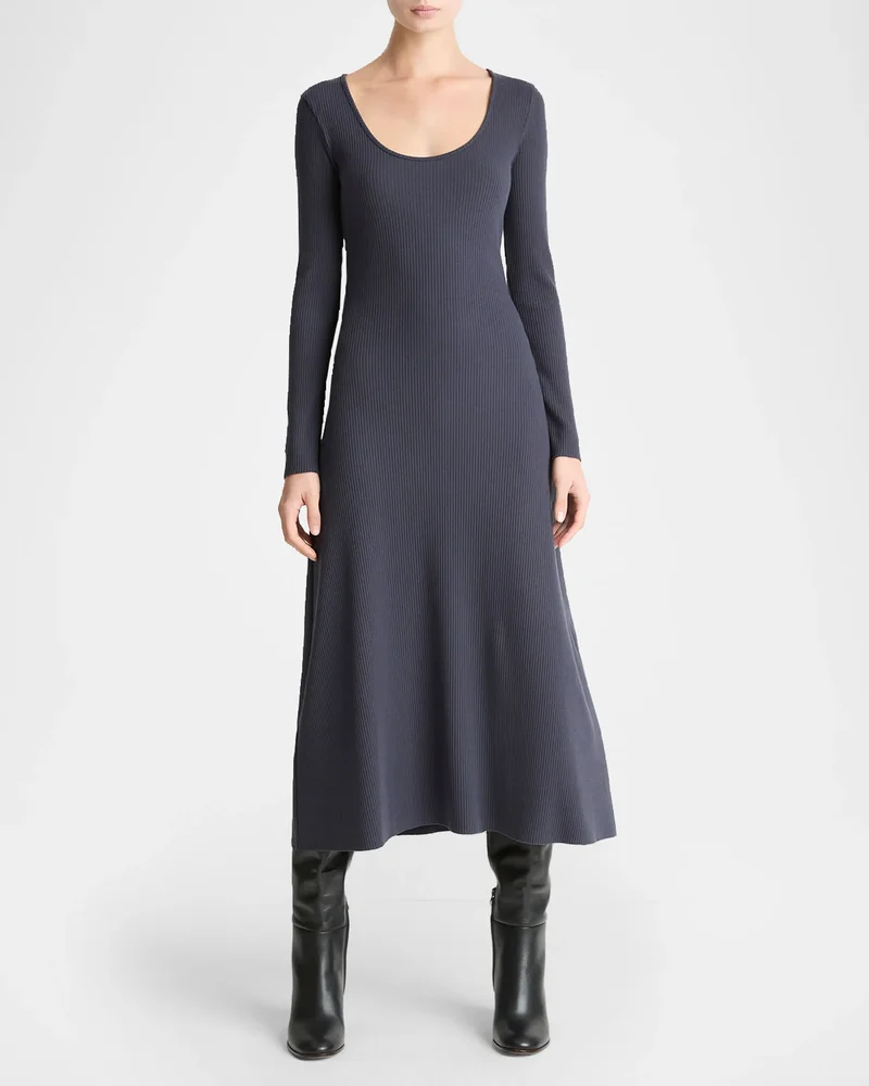 Long-Sleeve Rib-Knit Midi Dress