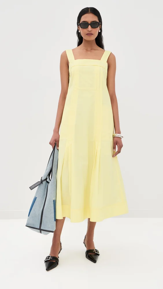 Square Neck Structured Cotton Midi Dress