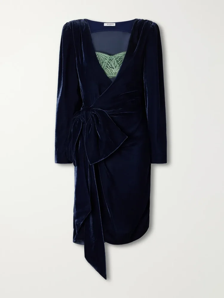 Bow-detailed velvet midi dress