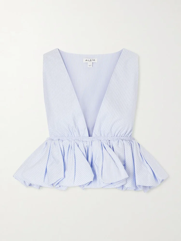 Cropped ruffled striped cotton-poplin blouse
