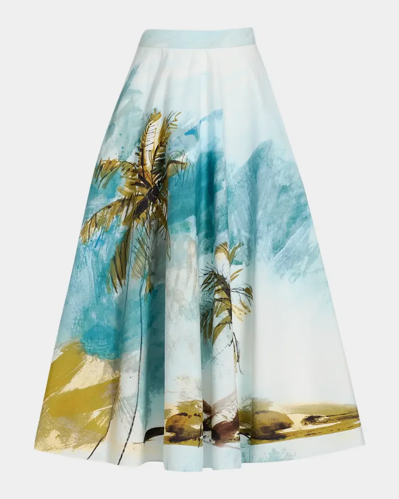 Beach Palm Print Cotton Poplin Midi Skirt