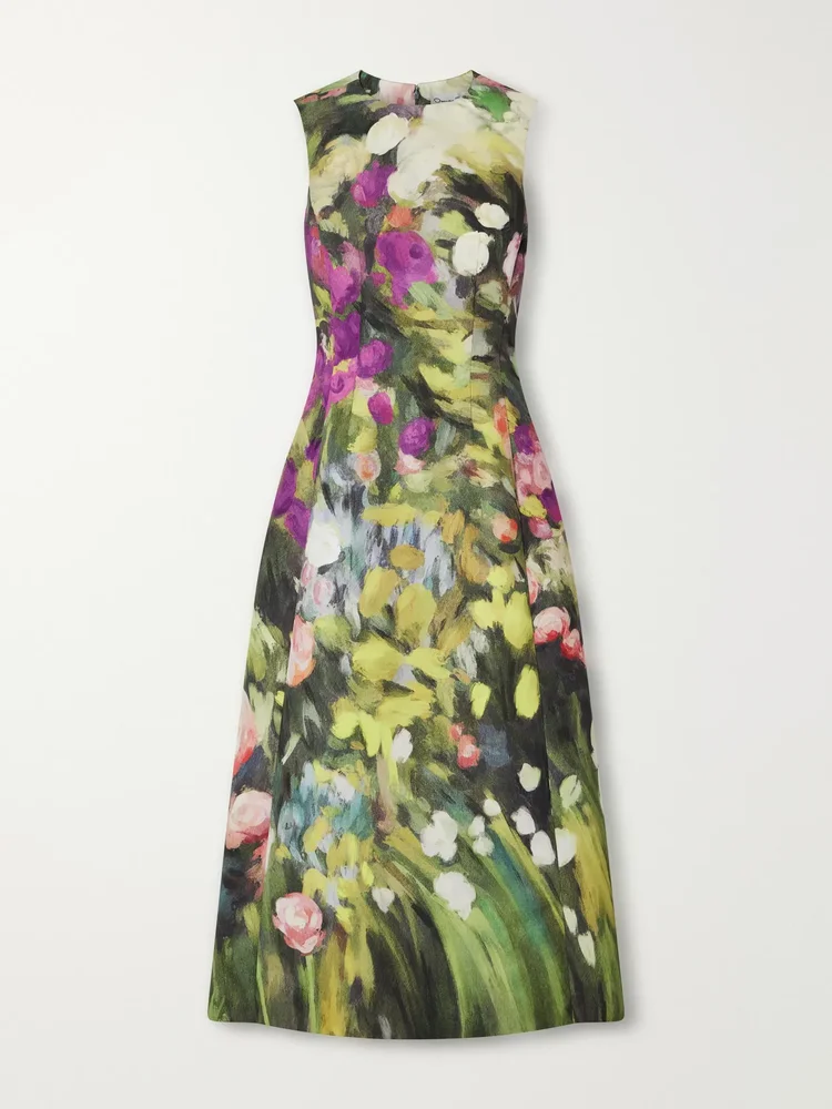 Darted floral-print faille midi dress