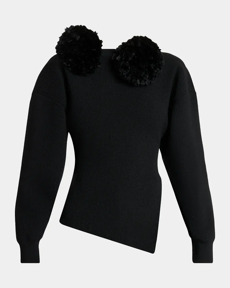 Pom Pom Asymmetric Wool Knit Sweater