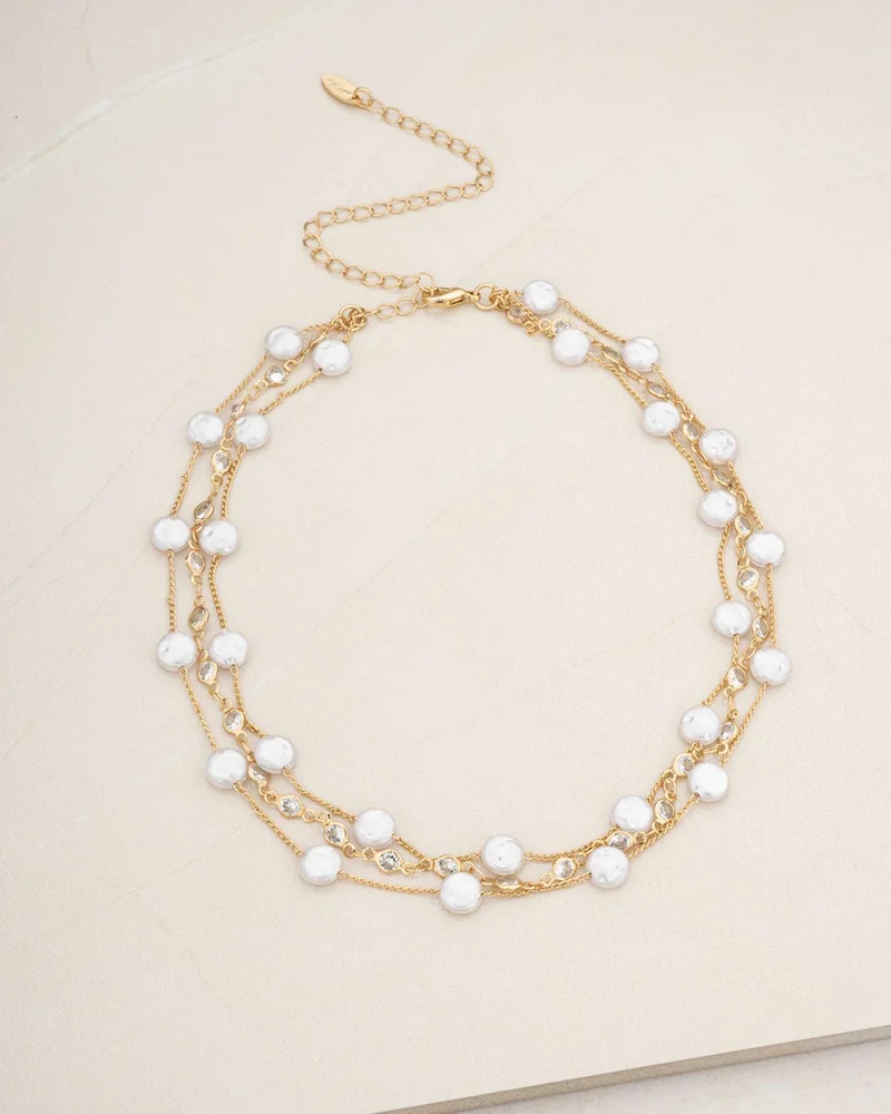 Dressed In Pearls Cubic Zirconia & Imitation Pearl Layered Collar Necklace in 18K Gold Plated, 15"-20"