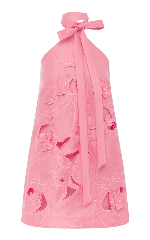 Lola Floral-Appliqued Linen-Blend Halter Mini Dress