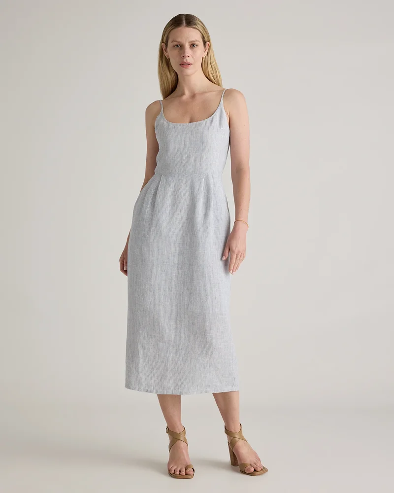100% European Linen Scoop Neck Midi Dress in Blue Pinstripe
