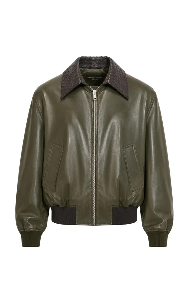 Intrecciato-Collar Leather Blouson Jacket