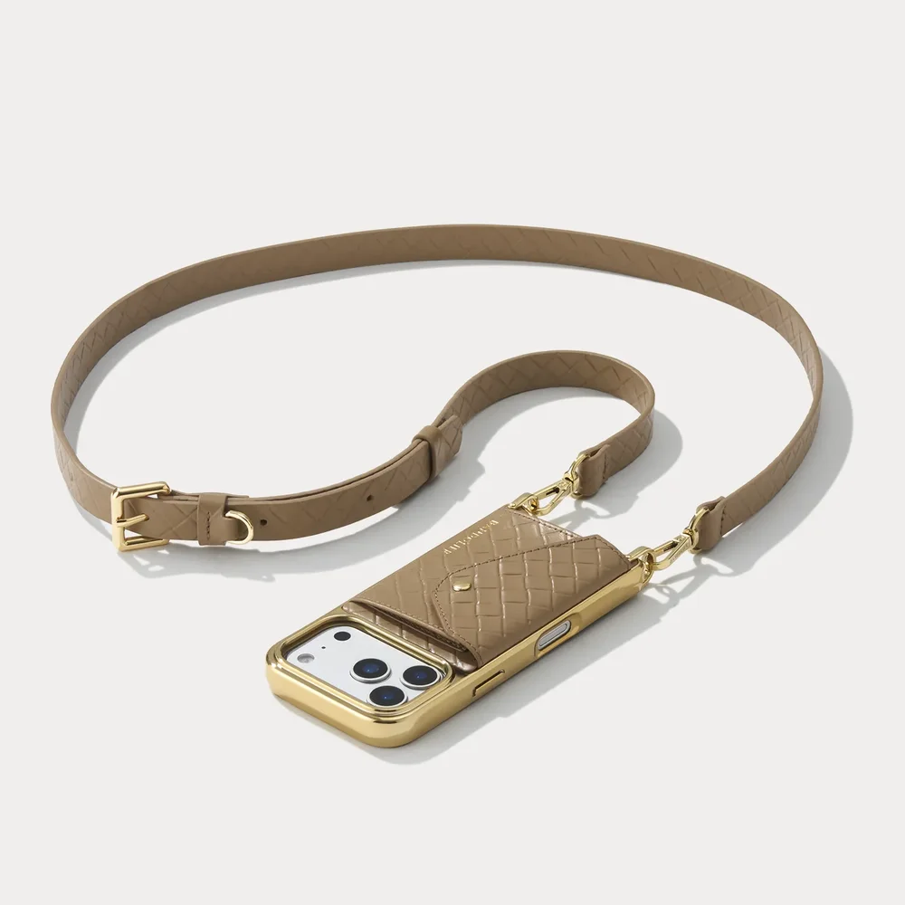Hailey Chrome Crossbody Phone Case, Latte Embossed Woven/Chrome Gold