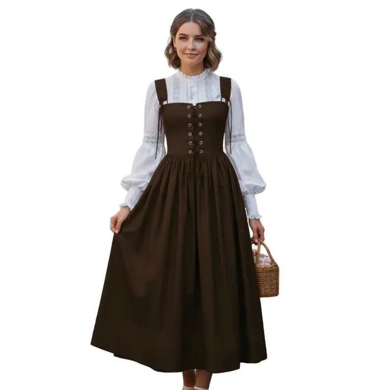 Brown Cotton Dirndl Dress Alpine Folk Cottagecore Gown