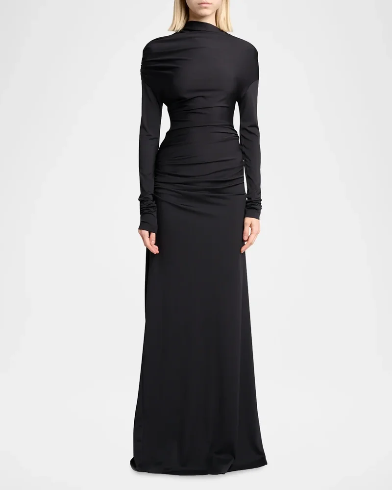 Draped Long-Sleeve Column Gown