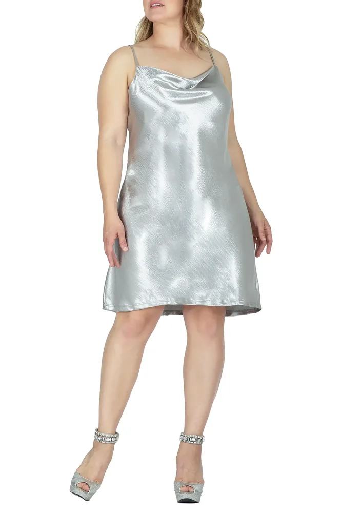Cowl Neck Metallic Crinkle Satin Slipdress