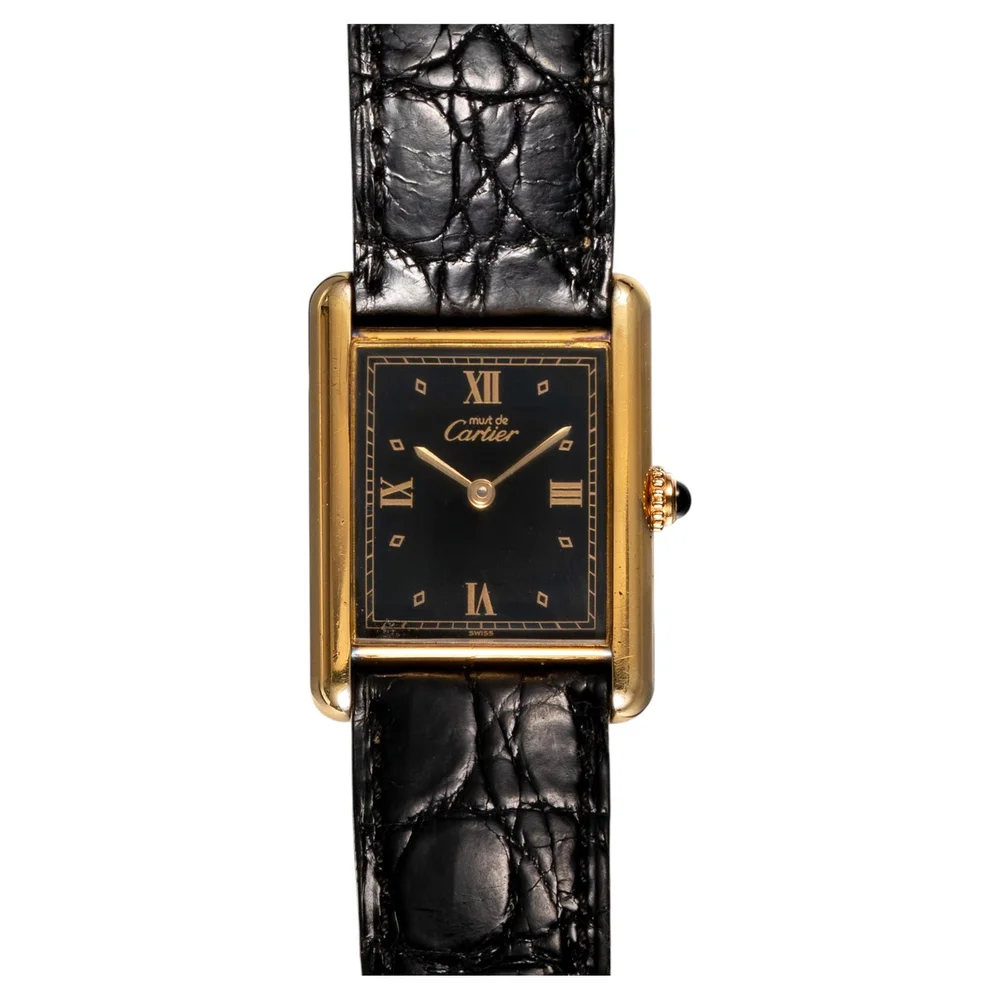 Pre-Owned Tank Must de Cartier LM 590005 Black Dial Vermeil