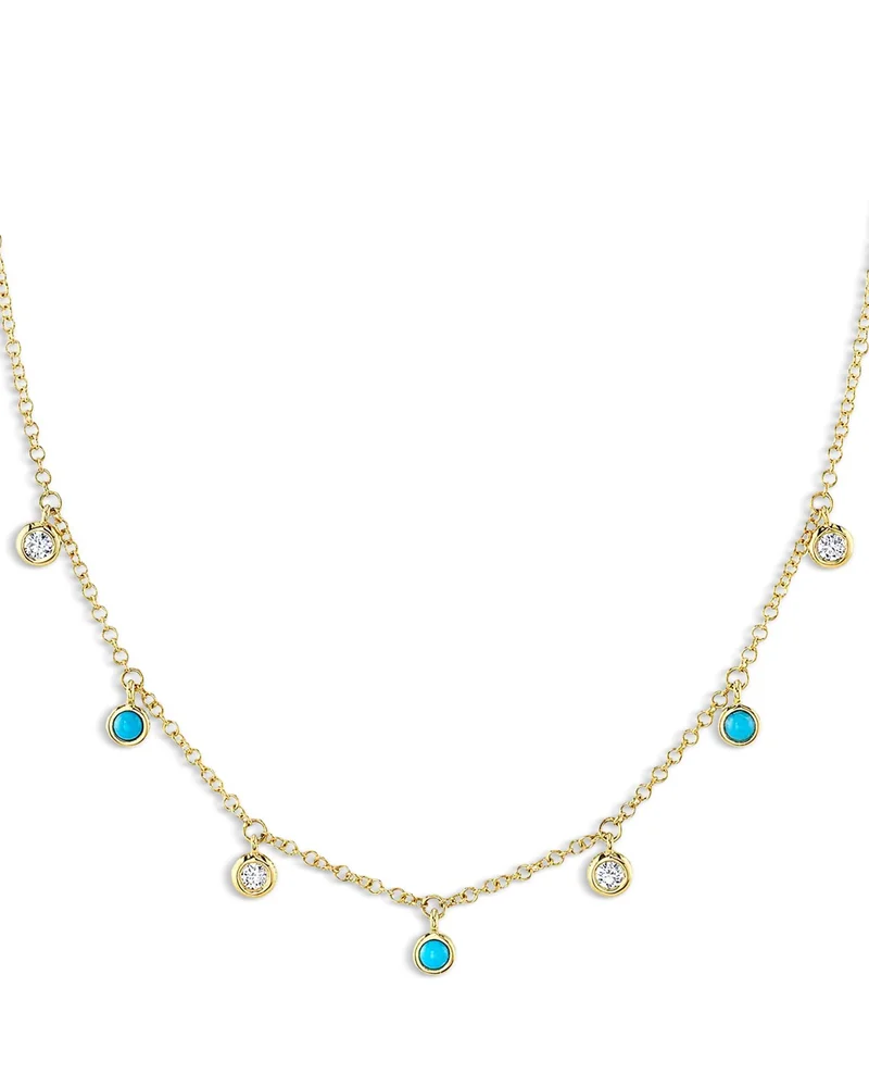 14K Yellow Gold Turquoise & Diamond Dangle Collar Necklace, 18"