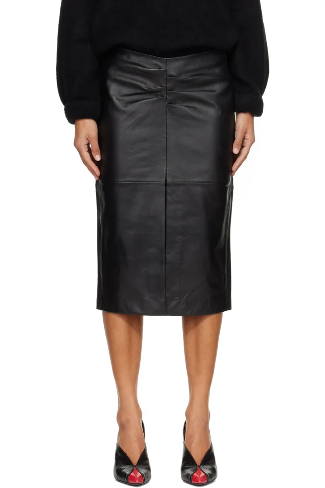 Black Tuline Leather Midi Skirt