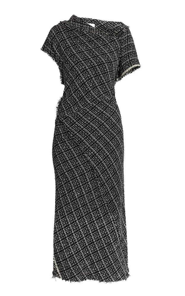 Asymmetric Tweed Wool Midi Dress