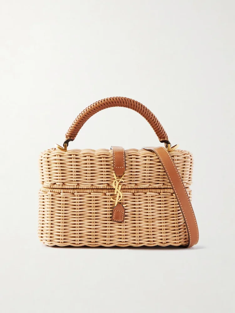 Gaby Vanity leather-trimmed woven wicker top-handle bag