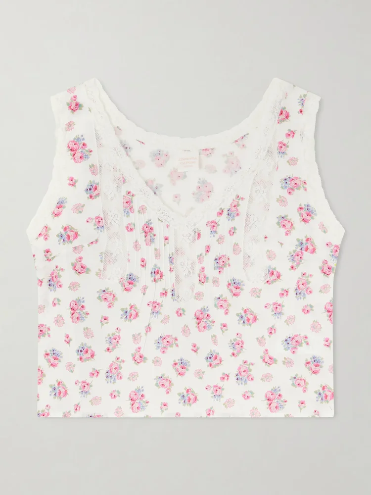 Simona lace-trimmed floral-print cotton top
