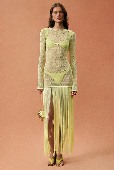 Long Sleeve Fringe Maxi Dress