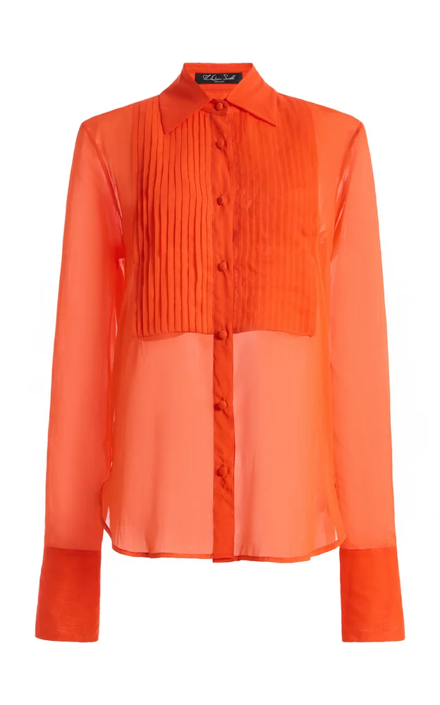Pleated Stretch-Silk Button-Up Shirt