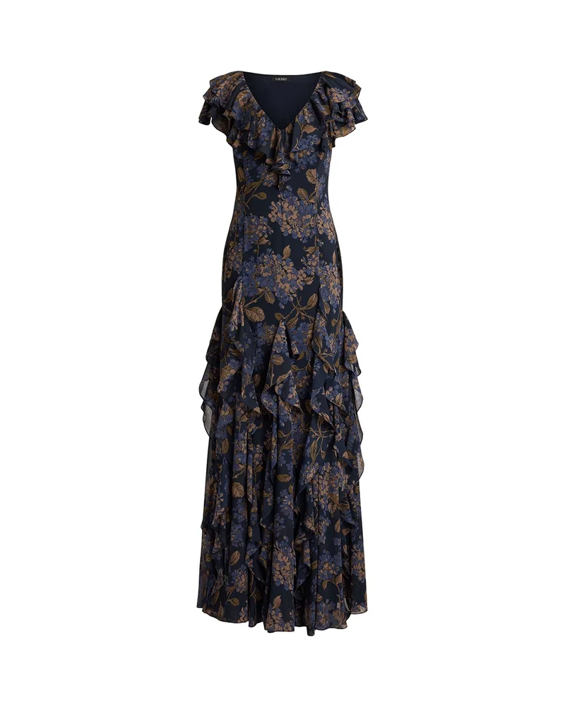 Floral Ruffle-Trim Georgette Gown