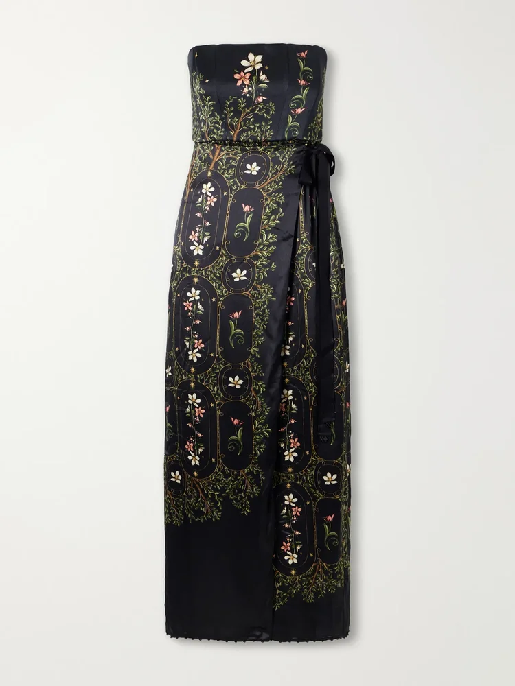 Floral-print embellished satin midi dress