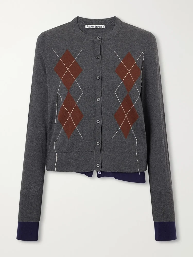Argyle silk, wool and cashmere-blend cardigan