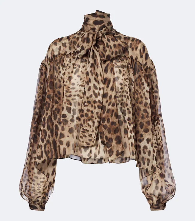 Leopard-print tie-neck silk blouse