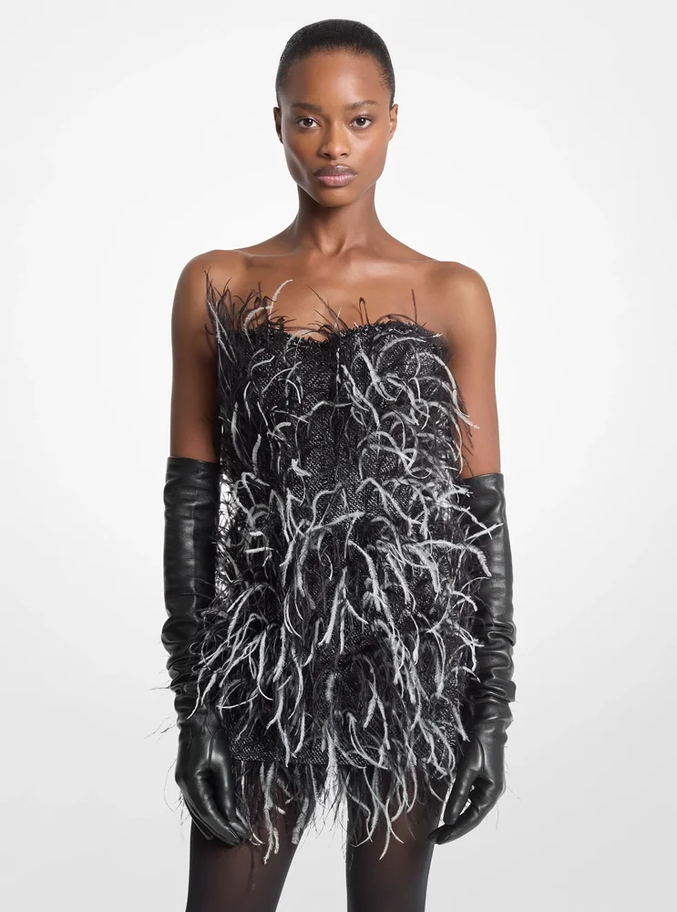 Hand-Embroidered Feather Tweed Dress