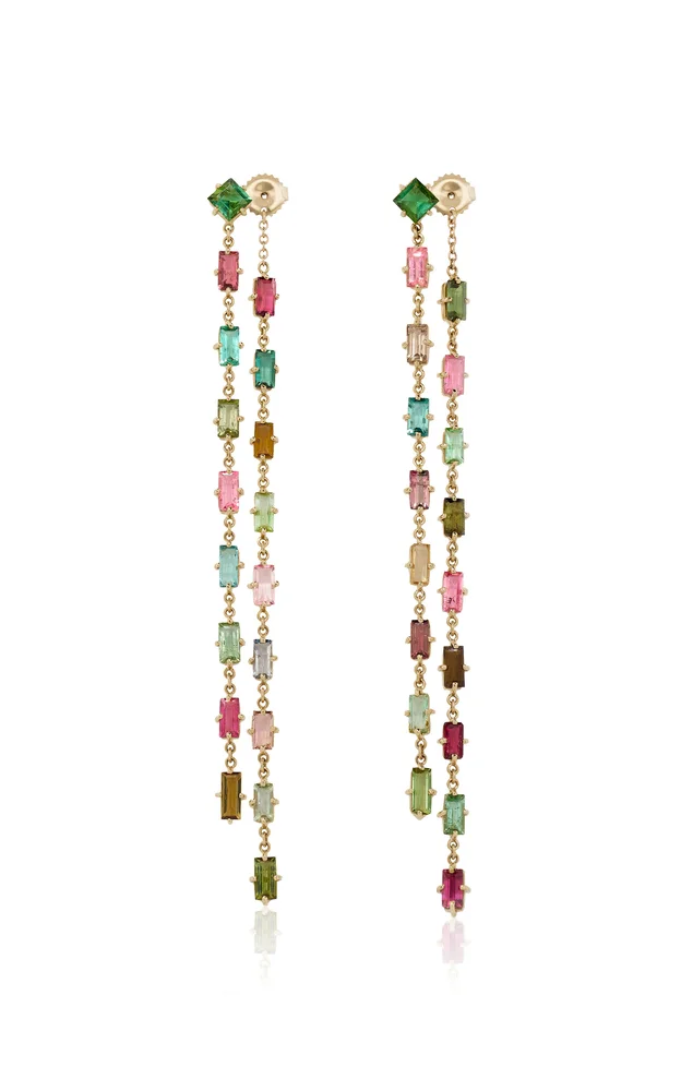 14k Yellow Gold Baguette Multi Color Tourmaline Drop Stud Earrings