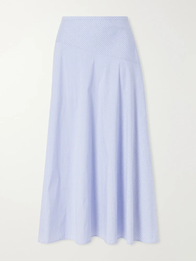 Gathered striped cotton-blend poplin midi skirt