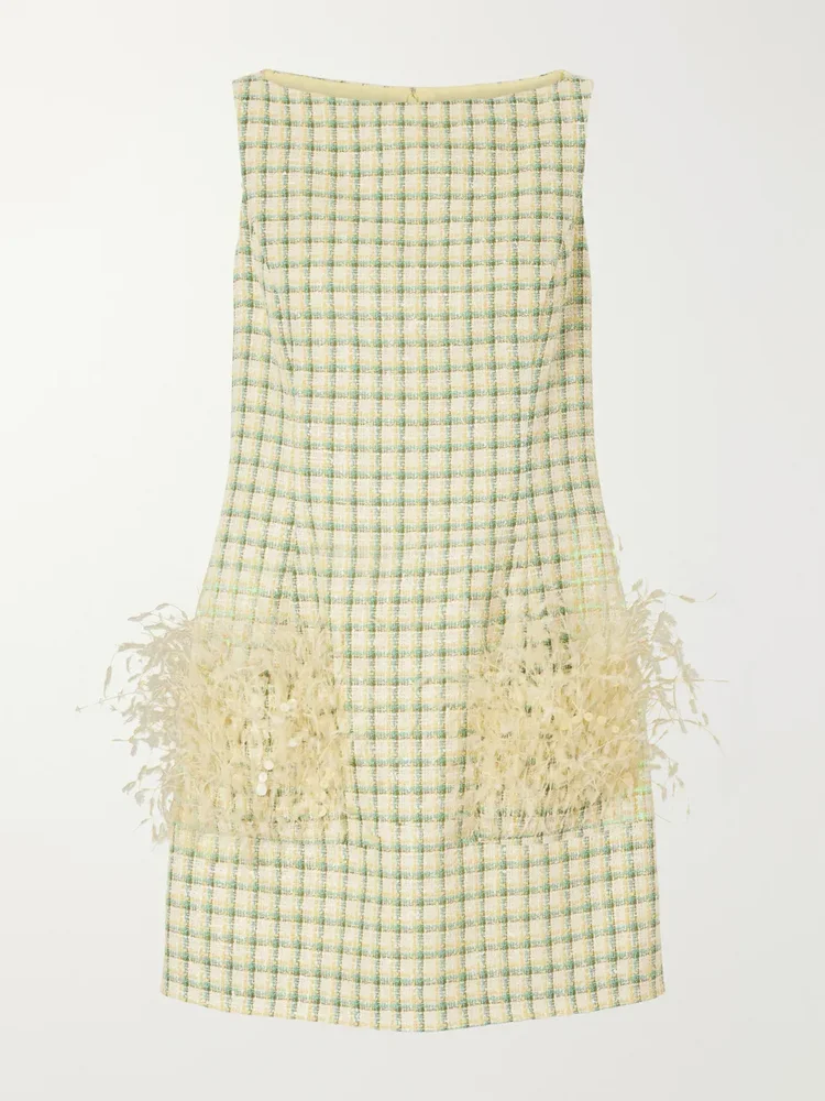 Sequin-embellished feather-trimmed checked cotton-blend tweed mini dress