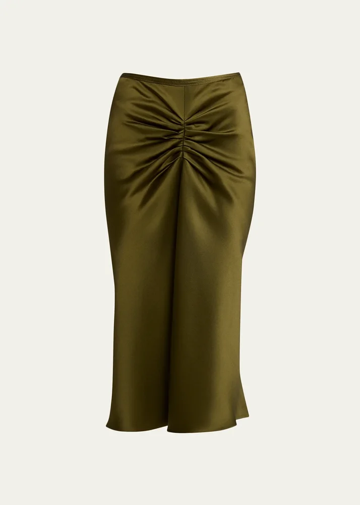 Bela Gathered Waist Satin Midi Skirt