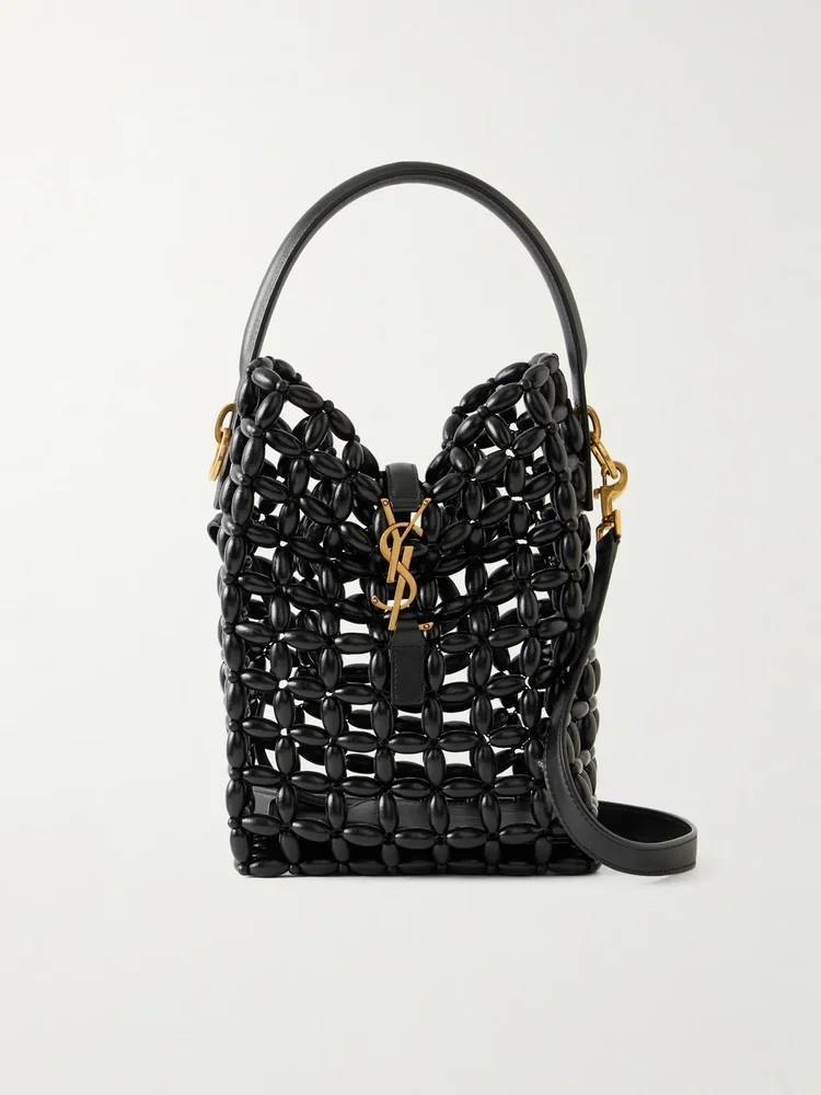 Le 37 mini leather-trimmed beaded wood shoulder bag