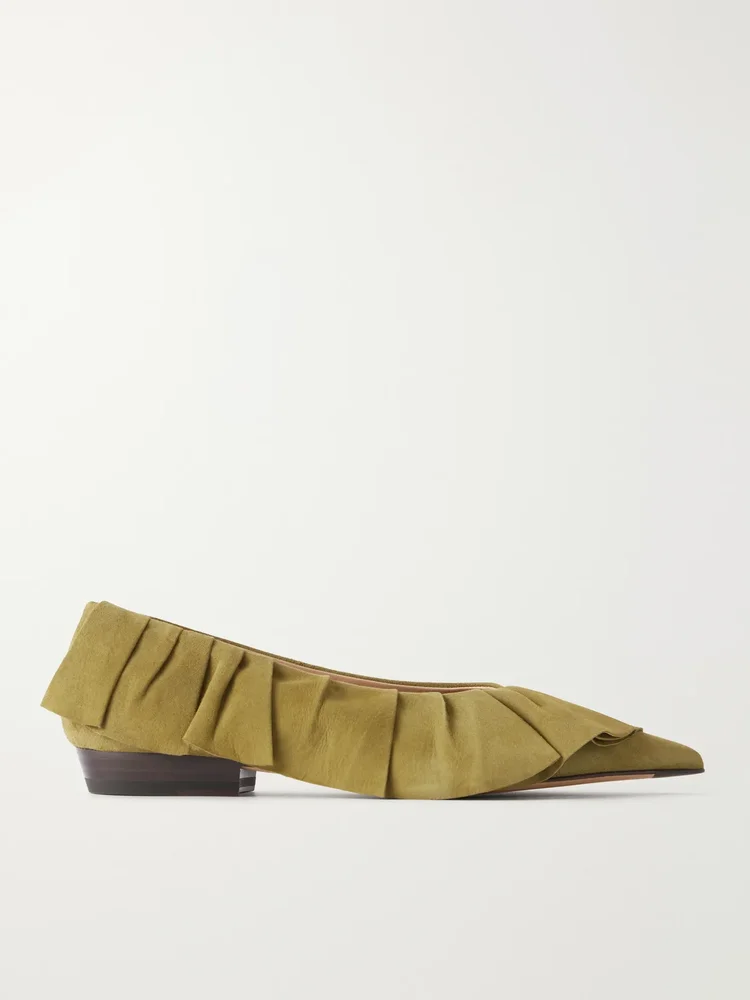 Ruffled nubuck-trimmed suede ballet flats