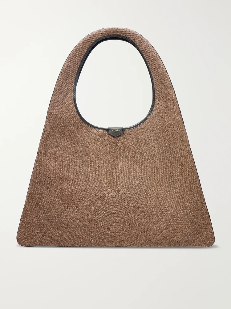 leather trimmed paper straw shoulder bag