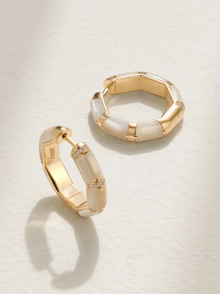 Bamboo 18-karat gold, mother-of-pearl and diamond hoop earrings