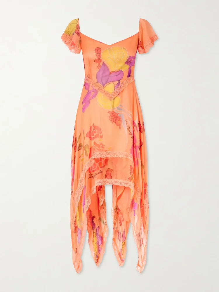 Guava Flores ruffled asymmetric lace-trimmed silk-chiffon midi dress
