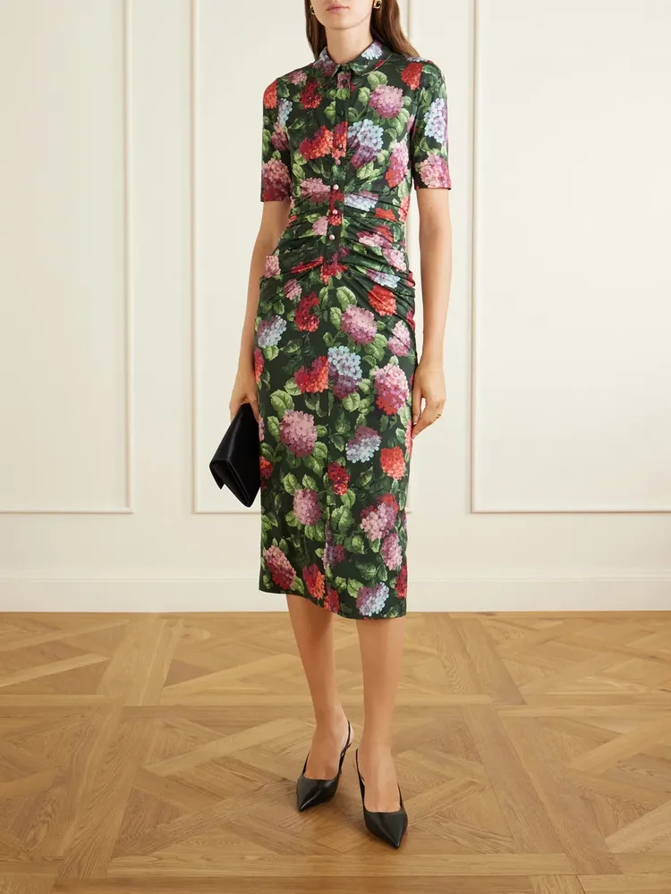 Floral-print ruched jersey midi dress