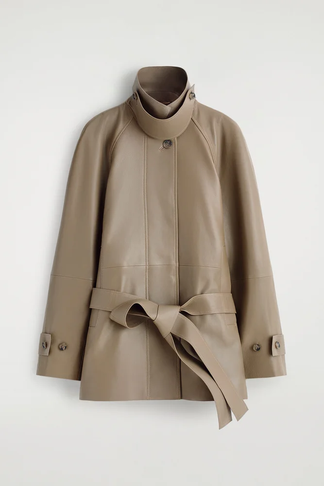 Mock-neck Leather Short Trench Coat
