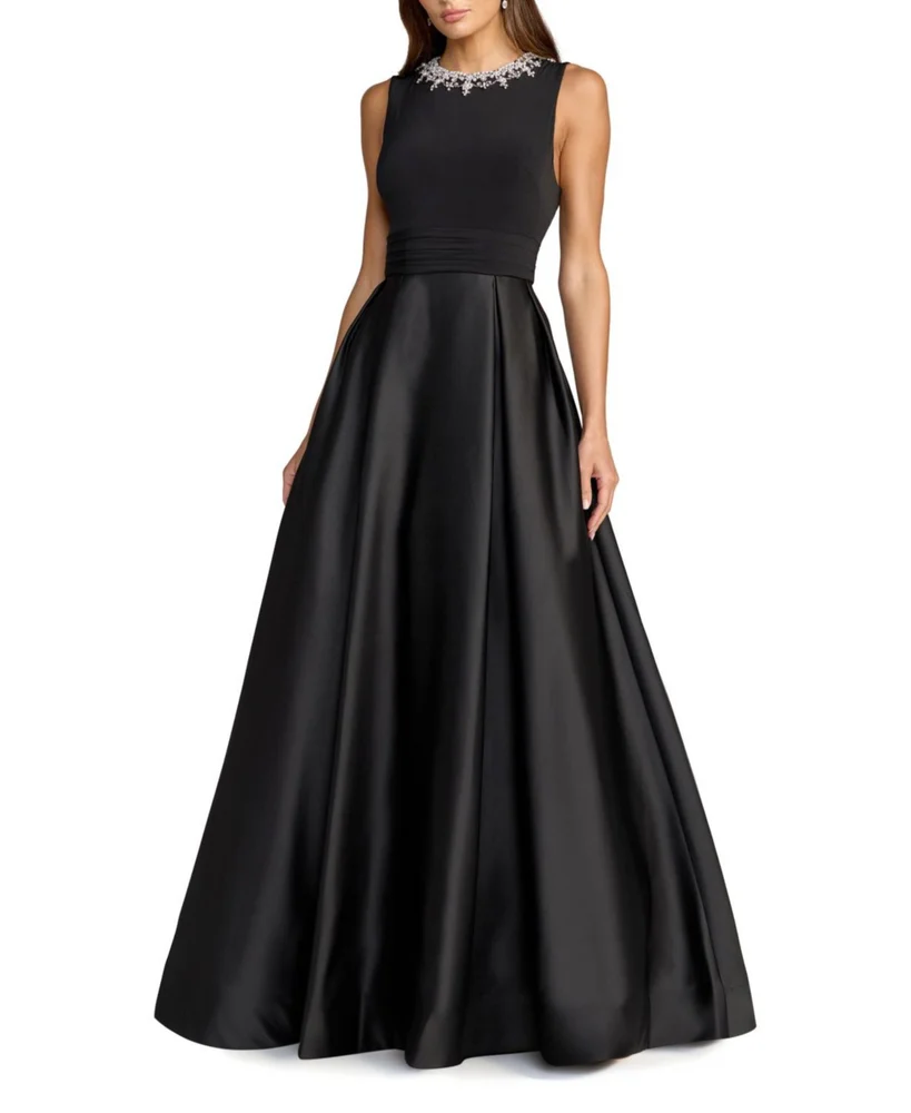Pearl-Embellished High-Neck Sleeveless A-Line Evening Gown