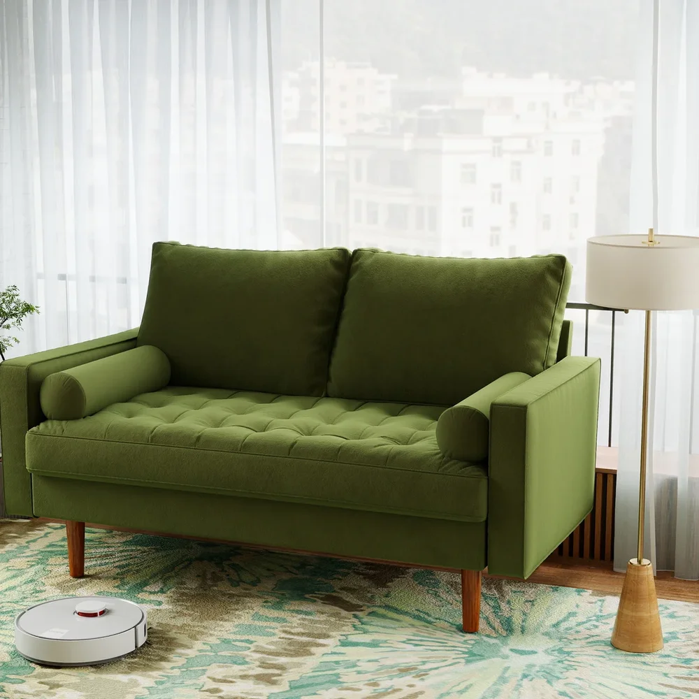 Bellinger 58" Velvet Square Arms Tufted Seat Golden Metal Feet Loveseat