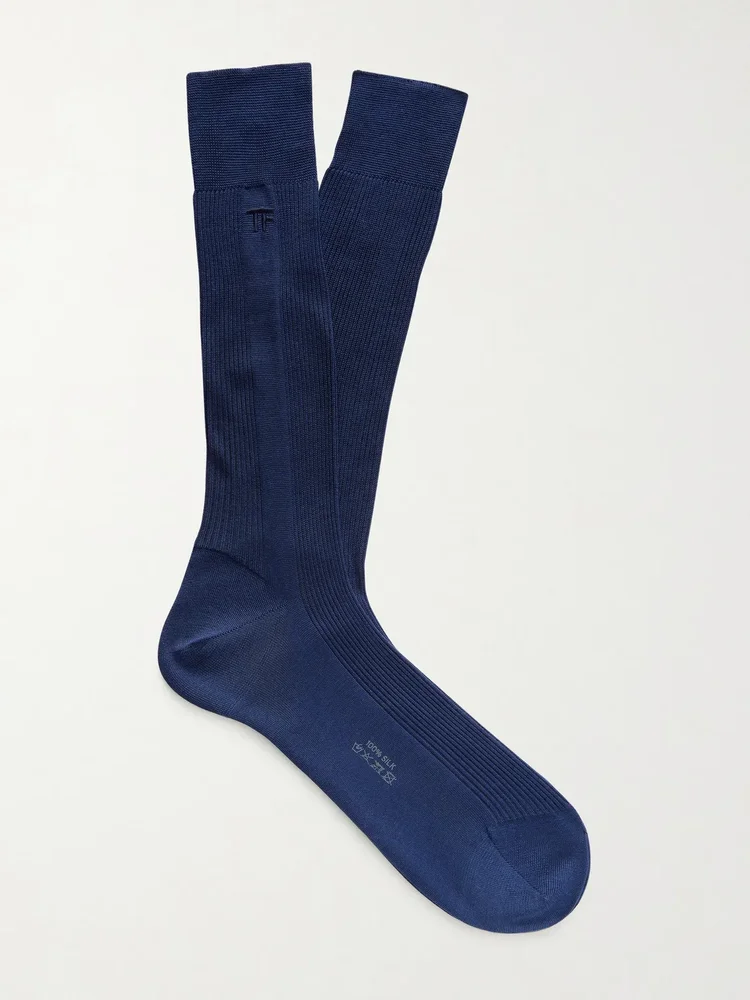 Logo-Embroidered Ribbed Silk Socks