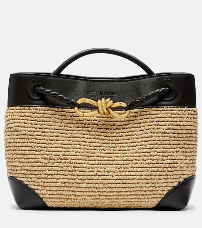 Andiamo Small leather and raffia top-handle bag