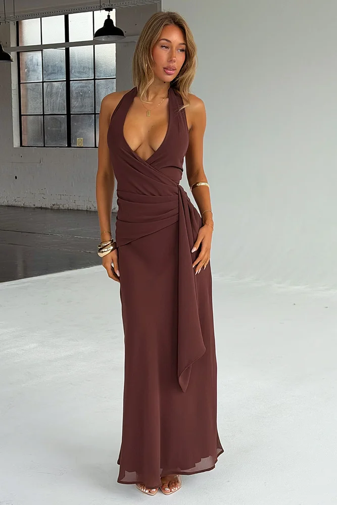 Marielle Halter Neck Maxi Dress, Brown