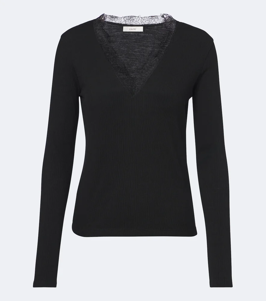 Lace-trimmed ribbed-knit top